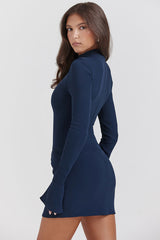 Plain Mock Neck Flared Sleeve Slim Fit Pocket Mini Dresses-Blue