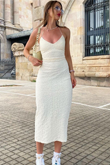 Deep V Neck Halter Backless Slim Fit Back Slit Hem Textured Midi Dresses-White