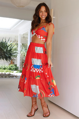 Mixed Prints V Neck Crop Cami A-Line Midi Skirt Matching Set-Red