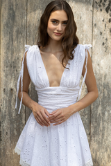 Deep V Neck Cinch Waist Lace Trim Sleeveless Mini Dresses-White Pre Order