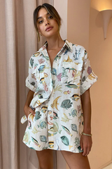 Fish Print Short Sleeve Blouse Vacation Shorts Matching Set-Beige