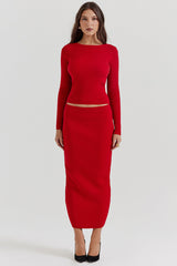 Pit Knit Long Sleeve Ribbon Back Crop Top Solid Midi Skirt Matching Set-Red