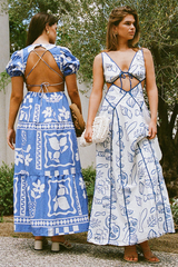 Shoreline Print Cutout Deep V Neck Backless Tie Up Maxi Tank Dresses-Blue