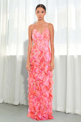Ruffled Floral Print V Neck Backless Maxi Strappy Dresses-Pink Pre Order