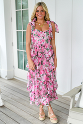 Floral Print Tie Up Cami Tiered Ruffled Hem Midi Dresses-Pink