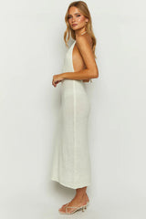 V Neck Halter Backless Elegant Beach Party Vacation Knit Maxi Dresses-White