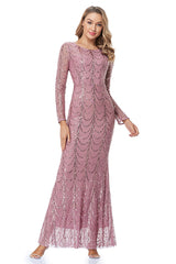 Sequin Slim Prom Mermaid Long Sleeve Maxi Dresses