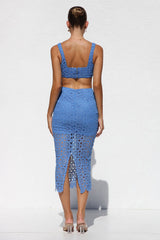 Lace Cami Corset Crop Top Fishtail Slit Midi Dress Vacation Matching Set