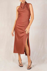 High Neck Sleeveless Backless Slit Prom Midi Dresses