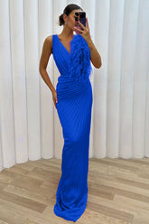 V Neck Feather Trim Pleated Prom Maxi Dresses