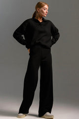 Knit Turndown Collar Sweater Plain Wide Leg Pants Matching Set-Beige