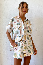 Fish Print Short Sleeve Blouse Vacation Shorts Matching Set-Beige