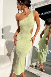 Sleeveless One Shoulder Cutout Slim Fit Textured Midi Dresses-White