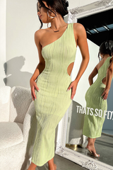 Sleeveless One Shoulder Cutout Slim Fit Textured Midi Dresses-White