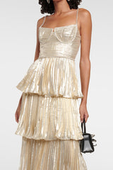 Diamante Straps Pleated Layered Party Satin Midi Slip Dresses-Champagne