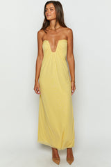 Off Shoulder Notched V Neck Ruched Formal Party Layered Plain Maxi Dresses-Yellow