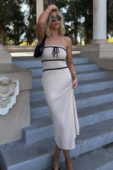 Colorblock Tie Up Slim Fit Knit Midi Tube Dresses-Beige
