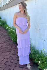 Boat Neck Strapless Layered Ruffled Plain Maxi Dresses-Purple Pre Order