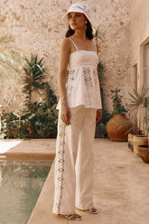 Crochet Panel Peplum Cami Top Wide Leg Pants 2pcs Set-White Pre Order