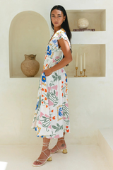 Floral Print V Neck Ruffled Sleeve A-Line Midi Dresses-White