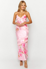 Floral Print Asymmetric Flounced Trim Backless Slip Maxi Dresses-Pink