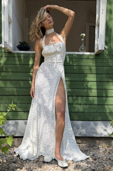 Ditsy Floral Print Halter High Slit Flowy Maxi Dresses-White