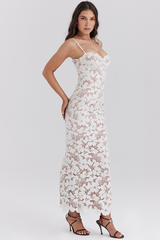 Floral Embroidery Bodycon Spaghetti Strap Maxi Dresses-White