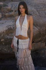 Deep V Neck Backless Vest Tiered Maxi Skirt 2pcs Set-White