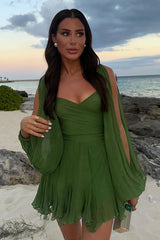 Wrapped V Neck Slit Long Sleeve Irregular Hem Plain Mini Dresses