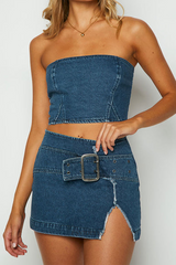 Denim Crop Tube Top Belt Buckle Slit Bodycon Mini Skirt Matching Set-Blue