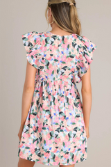 Floral Print V Neck Bow Decor Ruffled Sleeve A-Line Mini Dresses-Pink