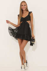 Cut Out Back Lace Up Ruffle Sleeveless Party Mini Dresses-Black