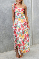 Floral Print Ruffle One Shoulder Slit Vacation Maxi Dresses-Red Pre Order