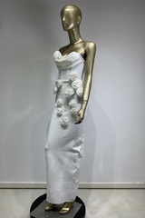 Strapless Corset 3D Flowers Decor Bodycon Gowns Maxi Dresses-White
