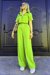 Solid Color Short Sleeve Crop Blouse Straight Leg Pants Matching Set-Beige