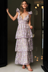 V Neck Ruffle Cutout Floral Print Layered Maxi Dresses-Purple Pre Order