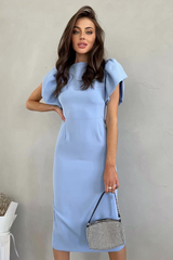 Ruffled Short Sleeve Cinch Waist Back Slit Hem Midi Dresses-Blue