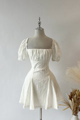 Square Neck Puff Sleeve Striped Godets Mini Dresses-White
