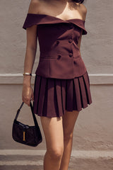 Off Shoulder Double Breasted Top Pleated Mini Skirt Matching Set-Burgundy