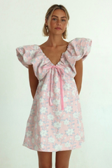 Floral Print V Neck Puffy Sleeve Tie-Up Ribbon A-Line Mini Dresses-Pink