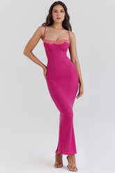 Mesh Patchwork Spaghetti Strap Slit Bodycon Maxi Dresses-Fuchsia Pre Order