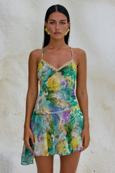 Lace Trim Floral Print Backless Irregular Mini Slip Dresses-Green