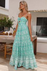 Boho Print Cut Out Spaghetti Strap A-Line Vacation Maxi Dresses-Green