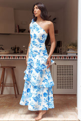 Floral Print One Shoulder Ribbon Layered Hem Wedding Guest Maxi Dresses-Blue