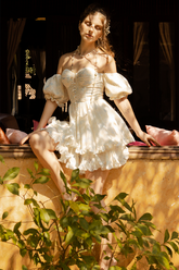 Off Shoulder Puff Sleeve Button Layered Floral Mini Dresses-Beige