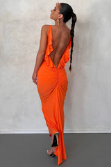 Ruffled Backless Plunge Slip Bodycon Party Maxi Dresses