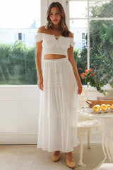 Off Shoulder Short Sleeve Ruched Top Quilted Maxi Skirt Matching Set-White