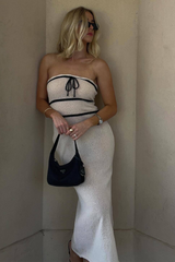 Colorblock Tie Up Slim Fit Knit Midi Tube Dresses-Beige