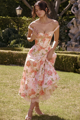 Floral Print Front Tie Up Corset A-Line Garden Party Slip Midi Dresses-Pink