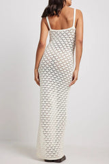 Crochet Irregular Neck Cami Hollow Out High Slit White Cover Up Maxi Dresses